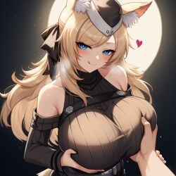 ai_generated arknights blonde_hair blue_eyes breast_grab garrison_cap guided_breast_grab horny_female horse_ears horse_girl horse_tail huge_breasts huge_breasts kao140522 licking_lips naughty_face whislash_(arknights)