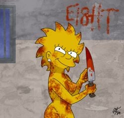 20th_century_studios accurate_art_style aged_up bloody bloody_knife breasts female female_only knife lisa_simpson nipples scooterbark smile the_simpsons treehouse_of_horror yellow_body yellow_skin