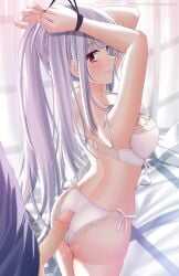 1boy 1boy1girl 1girls 2d 2d_(artwork) ass bed big_penis blush bondage breasts buttjob date_a_live heterochromia itsuka_shido light-skinned_female light-skinned_male lingerie looking_back penis pussy_juice red_eyes thighs twintails white_hair white_queen_(date_a_live)