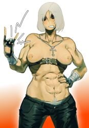 1girls bandage cyb3rbully1ng dante devil_horns_(gesture) devil_may_cry genderswap_(mtf) gloves muscular muscular_female partially_clothed pierced_nipples pubic_hair rule_63 solo solo_focus tomboy white_hair