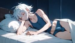 1boy ai_generated bed bedroom bulge_in_panties bulge_through_clothing closed_eyes femboy laying_on_side medium_hair mila_matsumoto oc original original_character panties panties_bulge sheets sleeping solo sunlight sunlight_rays tanktop white_hair