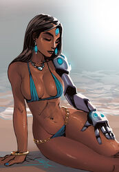 2d bikini black_hair blue_nails breasts cleavage closed_eyes cybernetics dark-skinned_female dark_skin female female_only long_hair overwatch solo symmetra vashito vashperado