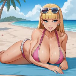 ai_generated beach bikini blonde_hair blue_eyes blunt_bangs cleavage large_breasts laying_down laying_on_stomach long_hair stable_diffusion sunglasses sunglasses_on_head wet_body