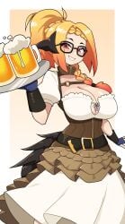 1girls alcohol au_ra beer beer_mug big_breasts blonde_hair braided_hair clothing commission dress female female_only final_fantasy final_fantasy_xiv glasses hi_res j5daigada light-skinned_female light_skin looking_at_viewer ponytail red_eyes red_highlights smiling smiling_at_viewer solo tray waitress