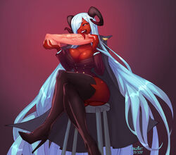 2017 ampera artist_name ass balls balls_fondling big_ass big_balls blue_eyes boots breasts cape caressing_balls caressing_testicles clothed_female_nude_male crossed_legs dated demon demon_girl disembodied_penis duo eyelashes fangs fellatio female gradient_background hair_over_one_eye high_heel_boots highres horns huge_cock human interspecies large_breasts lipstick long_hair long_tongue male open_mouth oral original_character penis penis_grab penis_lick red_lipstick red_skin signature simple_background sitting smile solo_focus straight tangobat testicles thigh_boots tongue tongue_out transparent veiny_penis very_long_hair white_hair