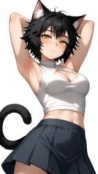 ai_generated arms_up bankonit black_hair blush cat_ears cat_tail catgirl cleavage cleavage_cutout clothed contrapposto freckles freckles_on_breasts freckles_on_face freckles_on_shoulders hands_behind_head hip_sway medium_breasts messy_hair midriff navel parted_lips short_hair skirt smile stable_diffusion yellow_eyes