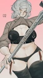 1girls cyb3rbully1ng faust_(limbus_company) limbus_company raised_clothing solo sword thick_thighs white_hair