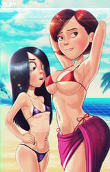 2girls armpits arms_up beach bikini black_hair blue_eyes brown_eyes brown_hair cleavage disney female female_only flat_chest helen_parr incest large_breasts long_hair milf mother_and_daughter multiple_girls neon_grid outdoor palm_tree pixar shadman short_hair small_breasts standing straight_hair sweat sweaty_armpits tanline teenager the_incredibles underboob vaporwave vhs violet_parr young