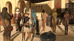 2boy 3d 5girls alexbridger arms_behind_back blue_skin blue_skinned_female chewbacca dark_skin dark_skinned_female green_skin green_skinned_female loincloth multiple_girls slavegirl star_wars topless topless_female twi'lek