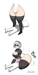 1boy 1girls allbeatnik anon ass big_ass big_breasts blindfold breasts facesitting female female_focus hairband huge_ass light-skinned_female light_skin male nier nier:_automata short_hair size_difference thick_thighs thighhighs white_background white_hair yorha_2b