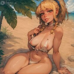 ai_generated aisinful areolae bangs beach beach_towel bikini blonde_hair blush braided_sidelock breasts brown_eyes choker fairy_tail freckles highres long_hair lucy_heartfilia medium_breasts narrow_waist naughty_face navel nipple_slip nipples nose_blush ponytail thick_lips thick_thighs wide_hips