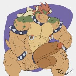 1boy accessory anthro balls big_balls big_penis bodily_fluids bowser bracelet cock_ring collar genital_fluids genitals hi_res horn huge_balls huge_cock humanoid_genitalia humanoid_penis jewelry licking male mario_(series) muscular muscular_anthro muscular_male nintendo penis penis_accessory penis_jewelry precum remochi solo spiked_bracelet spiked_collar spikes tongue