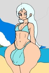 beach bikini bottom_heavy cyan_eyes dx24_73 futa_only futanari huge_balls huge_cock jully_(dx24_73) light-skinned_female