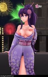 clouddg doki_doki_literature_club flashing flashing_breasts kimono tits_out undressing yuri_(doki_doki_literature_club)