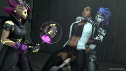 16:9 3d 3girls abs alternate_costume black_eyes black_hair dark-skinned_female dark_skin female female_only fucking_machine highres human los_muertos_sombra multiple_girls muscles muscular_female overwatch pharah pharah-best-girl rape restrained sex_machine sombra source_filmmaker talon_widowmaker torn_clothes