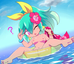 ;o ? aqua_hair ass barefoot beachhime blue_sky blush_stickers breasts chibi cloud day earrings feet female flower hair_between_eyes hair_flower hair_ornament hair_ribbon hibiscus innertube jewelry level-5 long_hair looking_at_viewer looking_away medium_breasts navel nipples nollety nude one_eye_closed outdoors pink_eyes ponytail pussy ribbon see-through sky solo spread_legs star star_earrings tentacle v water yo-kai_watch youkai_watch