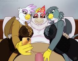 anthro avian beak bed bedroom belly big_belly big_breasts both_pregnant breasts clothed clothing digital_media_(artwork) drxii feathered_wings feathers female friendship_is_magic fur furniture gabby_(mlp) genitals gilda_(mlp) group gryphon hair hasbro hi_res huge_breasts lingerie male multiple_pregnancies my_little_pony mythological_avian mythological_creature mythology nipples partially_clothed penis pregnant pregnant_anthro pregnant_female simple_background smile tail topwear trio wings