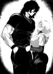 1boy1girl 2024 black_hair blonde_hair breasts digital_drawing_(artwork) digital_media_(artwork) duo duo_focus fully_clothed height_difference highres hoodie looking_at_partner looking_down looking_up male/female masoq095 medium_hair monochrome muscles muscular_male shirt shy size_difference smaller_female taller_male tight_clothing tight_pants unzipped wide_eyed