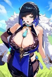 1girls ai_generated big_breasts black_hair blue_hair genshin_impact light-skinned_female short_hair tharkica thick_thighs voluptuous voluptuous_female yelan_(genshin_impact)