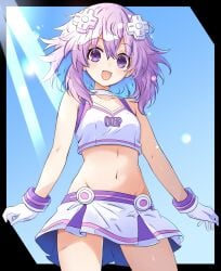 1girl bare_shoulders best_girl breasts cheerleader cheerleader_uniform chin_length_hair choker compile_heart d-pad_hair_ornament female female_only female_protagonist frilled_skirt gloves goddess hair_ornament human idea_factory lilac_hair midriff midriff_baring_shirt mrrollingcircle navel neptune_(neptunia) neptunia_(series) pale-skinned_female pale_skin petite petite_female purple_eyes short_hair skirt small_breasts thighs white_choker white_gloves white_skirt