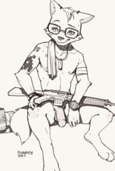 1boy 2017 anthro assault_rifle balls band-aid bandage digitigrade dog_tags eyewear feline fur glasses gun hair hi_res humanoid_penis jewelry male male_only mammal necklace nipples nude penis piercing puinkey rag ranged_weapon rifle simple_background smile solo space_invaders tattoo video_games watch weapon white_background