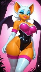 ai_generated aiuniverse56 anthro aqua_eyes bat_ears bat_wings blue_eyeshadow bodysuit boobplate cameltoe cleavage covered_navel dutch_angle elbow_gloves eyeshadow fur furry furry_female gloves large_breasts pink_lips pink_lipstick rouge_the_bat sonic_(series) sonic_the_hedgehog_(series) stockings white_gloves white_stockings wide_hips wings