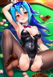 1girl ai_generated armpits ass ass_visible_through_thighs blue_hair blush breasts bunny bunny_costume bunny_girl bunnysuit card casino chained_cuffs chained_wrists chains cuffs empty_eyes feet female hair_between_eyes handcuffs hourglass_figure hypnosis kamishiro_rio leotard looking_at_viewer lying mind_control multicolored_hair one_arm_up open_mouth pantyhose playing_card poker_chip poker_table pussy pussy_juice pussy_visible_through_clothes red_eyes rio_kamishiro ripped_stockings seductive_smile smile smiling smiling_at_viewer soles solo spread_ass spread_legs sweat sweating sweaty sweaty_body thick_thighs thighs timebreaker_(generator) tits toes woman yu-gi-oh! yu-gi-oh!_zexal