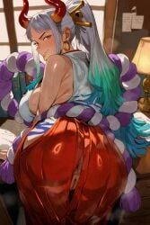 1girl ai_generated anus aqua_hair ass bare_shoulders bent_over breasts curled_horns earrings from_behind goldenhand green_hair hair_ornament hair_stick hakama high_ponytail hoop_earrings horns indoors japanese_clothes jewelry kimono large_breasts leaning_forward lips long_hair looking_at_viewer looking_back multicolored_hair multicolored_horns no_panties oni orange_eyes parted_lips ponytail presenting pussy red_horns rope shimenawa sideboob sleeveless smile solo steaming_body sweat white_hair yamato_(one_piece)