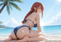 1girl ai_generated ass bangs barefoot beach bikini blue_bikini blue_sky braid braided_ponytail breasts chainsaw_man closed_mouth cloud day earrings feet from_behind halterneck jewelry kermixx large_breasts long_hair looking_at_viewer looking_back makima_(chainsaw_man) nail_polish ocean outdoors palm_tree red_hair sand side-tie_bikini_bottom sideboob sitting sky smile soles solo swimsuit thighs toenail_polish toenails toes tree wariza wet yellow_eyes