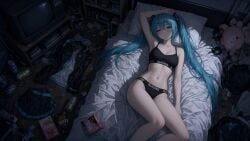ai_generated bed bedroom blacked_clothing bra hatsune_miku messy_room panties