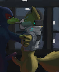 anthro areola ass avian balls beak bird blue_eyes canine claws clothed clothing erection falco_lombardi falcon feathers fox fox_mccloud fur gay green_eyes half-closed_eyes headgear inside kovaltiel male male_only mammal nintendo nipples nude pecs penis sharp_claws smile standing star_fox uncut vein veiny_penis vest video_games yaoi