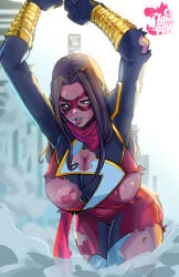 1girl aged_up arm_band arm_bands artist_name artist_signature avengers brown_body brown_eyes brown_hair brown_skin brown_skinned_female city_background costume_damaged exhausted_female exhaustion kamala_khan marvel marvel_comics mask masked_female ms._marvel ms._marvel_(kamala_khan) muslim muslim_female nipples nipples_exposed nipples_visible outside pakistani pakistani-american pakistani_female scarf smoke superheroine zukupow