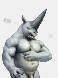 2016 4_fingers anthro barely_visible_genitalia belly biceps biped color_swatch digital_media_(artwork) digital_painting_(artwork) elasmotherium fffffolder flaccid front_view grey_horn grey_penis grey_skin grey_tongue hairless hand_on_stomach hi_res horn humanoid_hands long_horn looking_at_self looking_down male male_only mammal musclegut muscular muscular_male navel nude open_mouth overweight pecs penis portrait rhinoceros simple_background solo standing subtle_penis three-quarter_portrait tongue tongue_out white_background