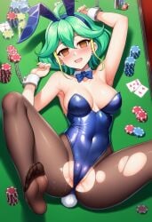 1girl ai_generated armpits ass ass_visible_through_thighs blush breasts bunny bunny_costume bunny_girl bunnysuit card casino chained_cuffs chained_wrists chains cuffs empty_eyes feet female green_hair hair_between_eyes handcuffs hourglass_figure hypnosis leotard looking_at_viewer lying mind_control multicolored_hair one_arm_up open_mouth pantyhose playing_card poker_chip poker_table pussy pussy_juice pussy_visible_through_clothes rin_(yu-gi-oh!_arc-v) ripped_stockings seductive_smile smile smiling smiling_at_viewer soles solo spread_ass spread_legs sweat sweating sweaty sweaty_body thick_thighs thighs timebreaker_(generator) tits toes woman yellow_eyes yu-gi-oh! yu-gi-oh!_arc-v