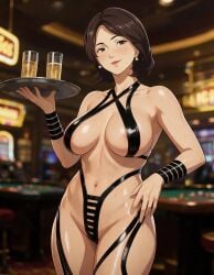 1girls ai_generated areola areola_slip areolae areolae_slip big_breasts black_tape black_tape_project breasts casino close-up kayo_tomiyama mature_female milf persona persona_5 persona_5:_the_phantom_x public_indecency shiny_skin smile smiling smiling_at_viewer tape taped_nipples taped_pussy waitress