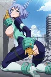 1girl ai_generated anus ass blue_eyes blue_hair blue_sky blush bodysuit boots breasts breasts_out building clenched_teeth cloud day digitalwaifugallery drill_hair female_masturbation fingering from_behind gloves hair_horns hi_res high_quality high_resolution kneeling large_breasts light_blue_hair looking_at_viewer looking_back masturbation my_hero_academia nejire_hado nipples outdoors patreon pussy seductive sexy short_hair sky solo teeth torn_bodysuit torn_clothes twin_drills uncensored watermark yellow_gloves