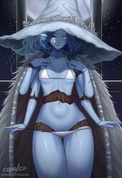 1girls 2022 bikini blue_hair blue_skin cslucaris elden_ring extra_arms fur_trimmed_coat indoors large_hat long_hair moon night ranni_the_witch small_breasts solo solo_focus