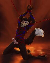 bdsm black_body black_fur blue_markings bodily_fluids bondage bound charlie_fisher_(skulldog) erection fur genital_fluids genitals hi_res leaking_precum male markings penis precum simokich skulldog_(species) solo