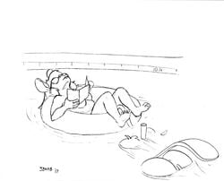 2017 anthro anus ass beaver beverly_(sailoranna) duo eyewear female hi_res inflatable j_hughes mammal mary_(sailoranna) monochrome mouse nude outside partially_submerged pussy rodent snorkel sunbathing sunglasses swimming_pool