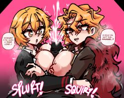 1boy 2d 2d_(artwork) 2girls areolae between_breasts big_breasts blonde_hair breasts breasts_out clothed clothing cum cumming_from_paizuri cumshot dankestsin dante_(limbus_company) dialogue don_quixote_(limbus_company) double_paizuri ejaculating_cum ejaculation english_text engulfing_paizuri female hair_between_eyes hi_res huge_breasts large_breasts limbus_company looking_at_viewer male male_pov nipples paizuri penis pov pov_eye_contact project_moon red_eyes sancho_(limbus_company) short_hair speech_bubble text titfuck titjob yellow_eyes