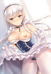 1girls azur_lane belfast_(azur_lane) black_panties blue_eyes blush braid breasts chains collar female gloves highres large_breasts light-skinned_female light_skin long_hair looking_at_viewer maid_headdress nipples panties panties_under_pantyhose pantyhose royal_navy_(azur_lane) skirt skirt_lift smile solo torn_clothes torn_pantyhose underwear white_gloves white_hair white_legwear yuemanhuaikong