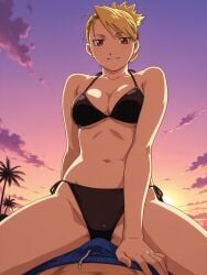 ai_generated beach beach_background big_breasts bikini bikini_bottom bikini_top blonde_female blonde_hair bulge bulge_through_clothing bulge_under_clothes fullmetal_alchemist fullmetal_alchemist_brotherhood pov riza_hawkeye sitting_on_lap sitting_on_person