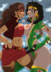 2girls baton black_hair black_orchid blaze_fielding blue_eyes breast_press brown_hair bruise competition crossover earrings female hand_on_hip headband huge_ass huge_breasts killer_instinct large_breasts leotard miniskirt streets_of_rage symmetrical_docking thighhighs thong topless torn_clothes torn_thighhighs tovio_rogers video_game_character video_game_franchise voluptuous