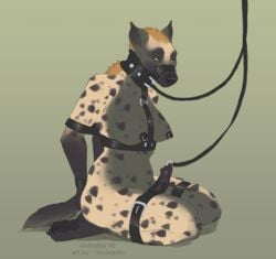 anthro arms_behind_back bondage breasts collar erection femsub gag hyena incorgnito kneeling leash leashed_genitals leashed_to_genitals muzzle_gag nipple_piercing penis penis_leash