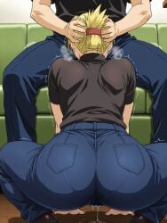 ai_generated back_view big_ass blonde_female blonde_hair blowjob dripping dripping_pussy dripping_wet dumptruck_ass dumptruck_butt fullmetal_alchemist fullmetal_alchemist_brotherhood riza_hawkeye squatting