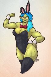 1girls 2022 absurd_res black_thighhighs blue_eyes blue_hair bunny_ears bunny_ears_headband bunny_tail bunnysuit cleavage cuffs_(clothing) detached_collar female female_only flexing flexing_bicep freckles glasses green_skin hand_on_hip heterochromia lluisabadias long_hair looking_at_viewer muscular muscular_female neck_ribbon orange_eyes orc orc_female pointy_ears round_glasses side_ponytail simple_background solo thick_thighs thighhighs tusks wide_hips wrist_cuffs