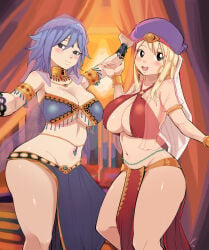 2girls absurdres blonde_hair blue_hair blush breasts closed_mouth commentary earrings english_commentary fairy_tail highres hoop_earrings jewelry joshdinobarney juvia_lockser large_breasts long_hair looking_at_viewer lucy_heartfilia multiple_girls navel open_mouth short_hair