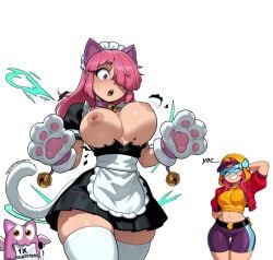 2girls big_breasts brawl_stars breasts_out cat_tail catgirl colette_(brawl_stars) colettelover hips long_hair max_(brawl_stars) nipples paw_pose pink_hair pinku_pawlette streetwear_max tagme