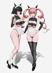 2girls big_breasts black_hair blush breasts cat_ears faris_nyannyan female female_only koha_2652 large_breasts looking_at_viewer maid panties pink_eyes pink_hair shiina_mayuri steins;gate thigh_highs thighhighs tong