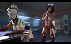 16:10 2girls 3d abs black_eyes black_hair breasts dark-skinned_female dark_skin female highres injection mercy multiple_girls muscles muscular_female nurse nurse_clothes overwatch pharah pharah-best-girl pubic_hair source_filmmaker yuri